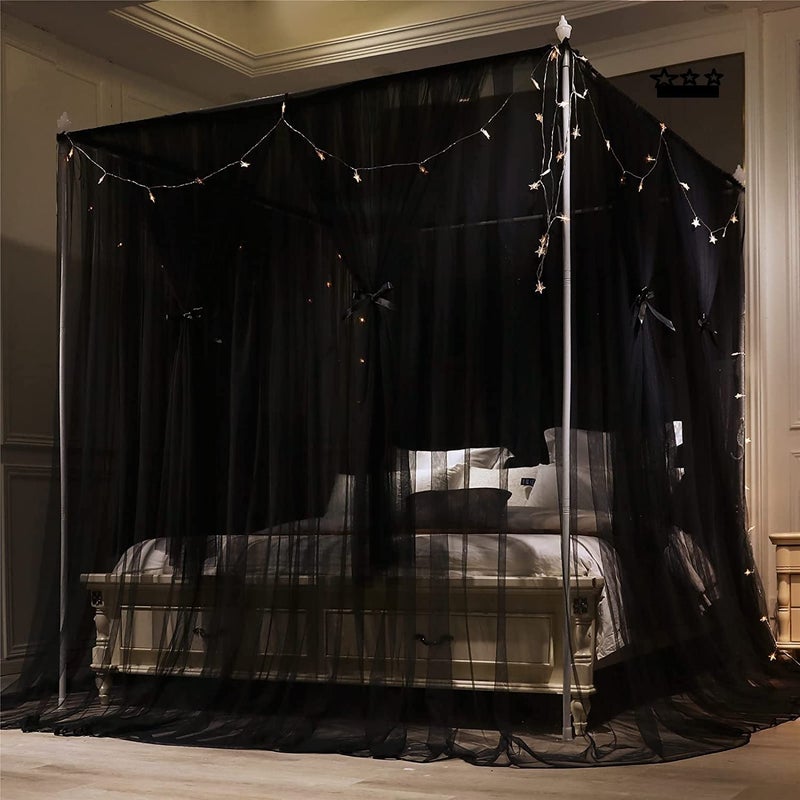 4 Corners Post Canopy Bed Curtain for Childrens & Adults, Princess Bedroom Decoration, Royal Luxurious Cozy Netting, Cute Princess Bedroom (Black) - Image 2