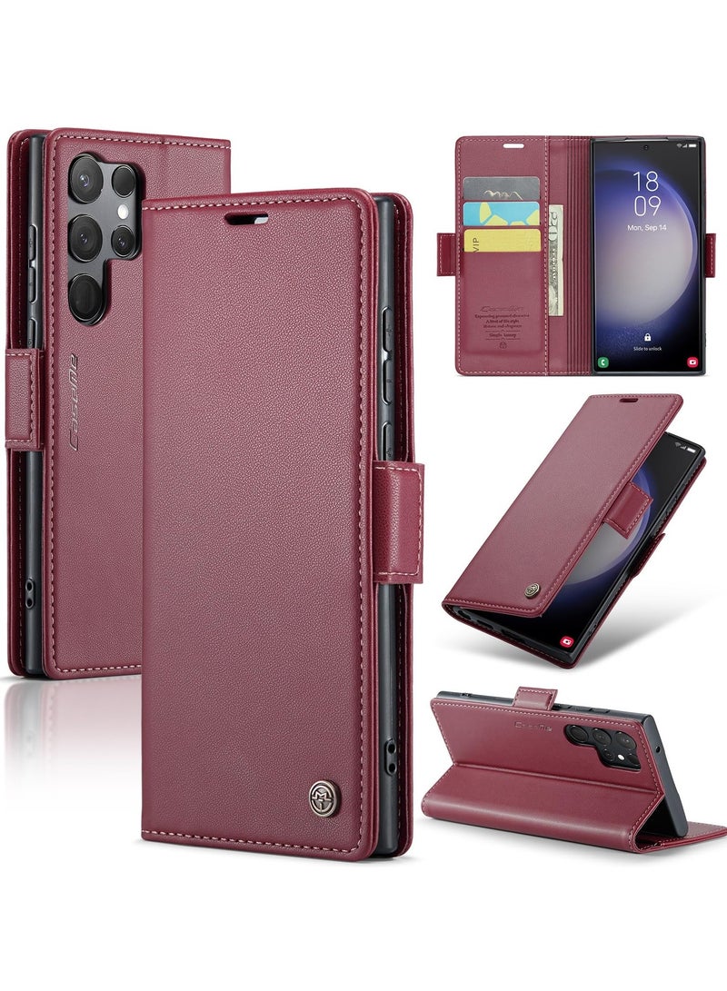CaseMe Phone Case Luxury PU Leather Design Anti Fingerprint 023 Flip Cover Card Slot Holder Cover For Samsung Galaxy S23 Ultra (Red) - Image 1