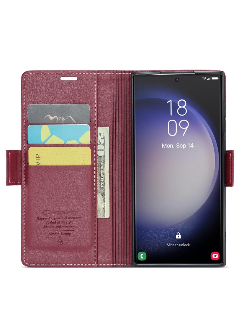 CaseMe Phone Case Luxury PU Leather Design Anti Fingerprint 023 Flip Cover Card Slot Holder Cover For Samsung Galaxy S23 Ultra (Red) - Image 2