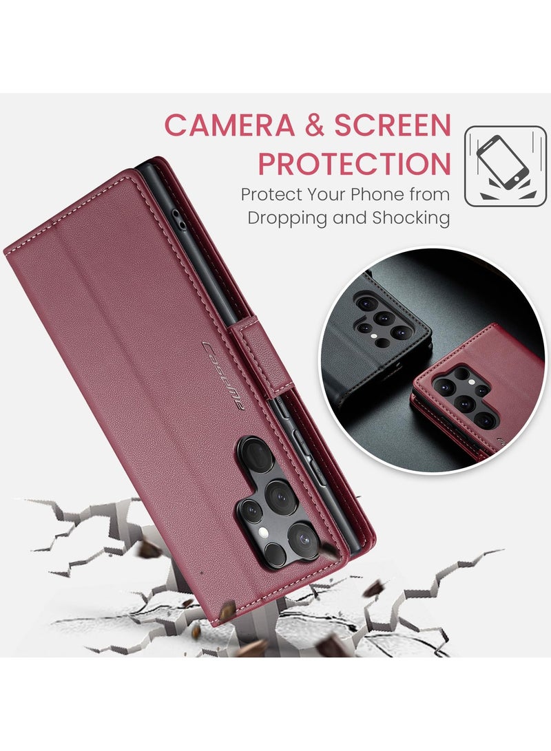 CaseMe Phone Case Luxury PU Leather Design Anti Fingerprint 023 Flip Cover Card Slot Holder Cover For Samsung Galaxy S23 Ultra (Red) - Image 4
