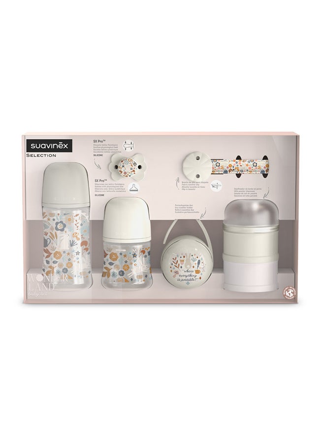SUAVINEX طقم هدايا ترحيب بالطفل مكون من 5 قطع للمواليد الجدد، زجاجات رضاعة، مصاصة، حامل مصاصة وموزع حليب بودرة - بيج - Image 2