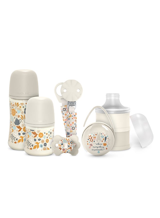 SUAVINEX طقم هدايا ترحيب بالطفل مكون من 5 قطع للمواليد الجدد، زجاجات رضاعة، مصاصة، حامل مصاصة وموزع حليب بودرة - بيج - Image 1