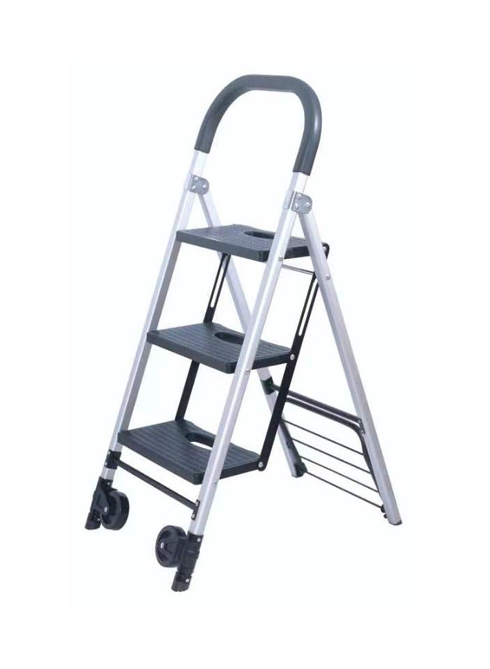 SINDIBAD 3-Step Aluminum Folding Ladder Heavy Duty Ladder, Black Portable Ladder Convertible to Handcart, 60kg Load Capacity - Image 1