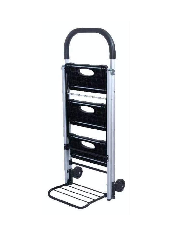 SINDIBAD 3-Step Aluminum Folding Ladder Heavy Duty Ladder, Black Portable Ladder Convertible to Handcart, 60kg Load Capacity - Image 2