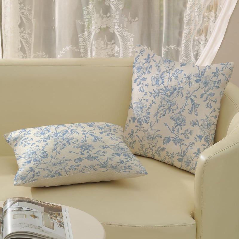 JEFERSO Baby Blue Floral Pillow Covers 18x18 Set of 2 Vintage Rustic Toile Chinoiserie Floral Throw Pillows Blue and Cream Flower Decorative Pillowcase Outdoor Decor Linen Cushion Case for Couch Sofa - Image 4