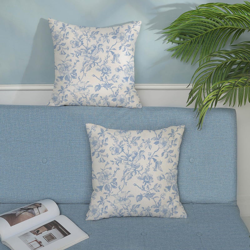 JEFERSO Baby Blue Floral Pillow Covers 18x18 Set of 2 Vintage Rustic Toile Chinoiserie Floral Throw Pillows Blue and Cream Flower Decorative Pillowcase Outdoor Decor Linen Cushion Case for Couch Sofa - Image 3