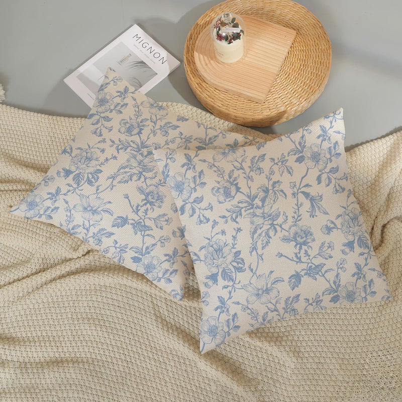JEFERSO Baby Blue Floral Pillow Covers 18x18 Set of 2 Vintage Rustic Toile Chinoiserie Floral Throw Pillows Blue and Cream Flower Decorative Pillowcase Outdoor Decor Linen Cushion Case for Couch Sofa - Image 5