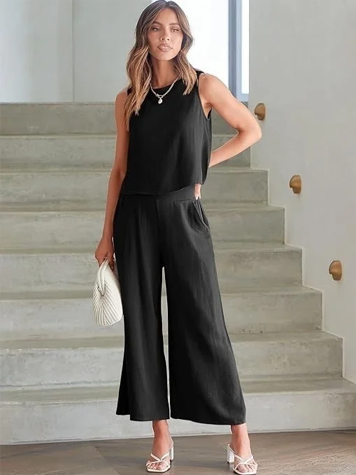 Barbora Linen Summer High Waist Capri Pants Back Detail Sleeveless Two Piece Set LN26SIYAH3