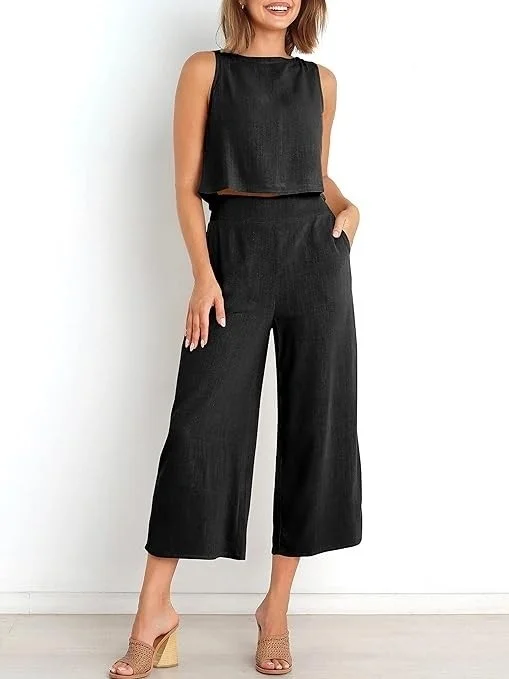 Barbora Linen Summer High Waist Capri Pants Back Detail Sleeveless Two Piece Set LN26SIYAH3
