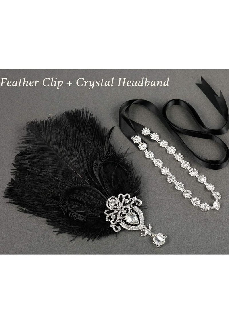 1920s Feather Headpiece, Womens Ostrich Feather Crystal Headband, Great Gatsby Hair Accessories for Women, Ribbon Tie, Flapper Accessories, Art Deco Headpiece (Black) - Image 3