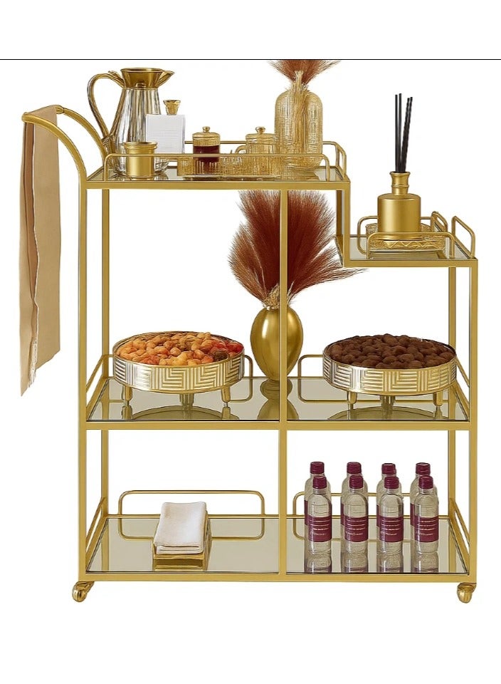 LINGWEI Luxurious Gold Metal Serving Trolley with 3-Tier Clear Glass Shelves for Kitchen, Dining Room Gold 60x40x75cm - Image 1