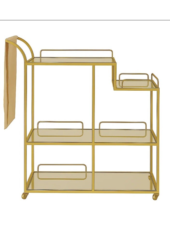 LINGWEI Luxurious Gold Metal Serving Trolley with 3-Tier Clear Glass Shelves for Kitchen, Dining Room Gold 60x40x75cm - Image 4