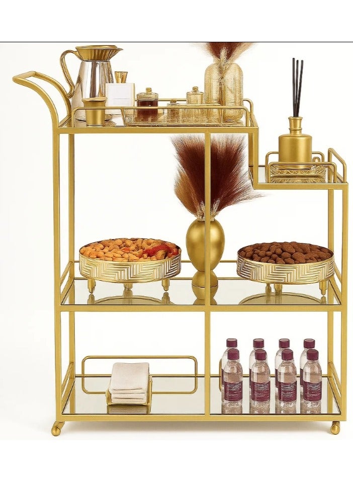 LINGWEI Luxurious Gold Metal Serving Trolley with 3-Tier Clear Glass Shelves for Kitchen, Dining Room Gold 60x40x75cm - Image 5