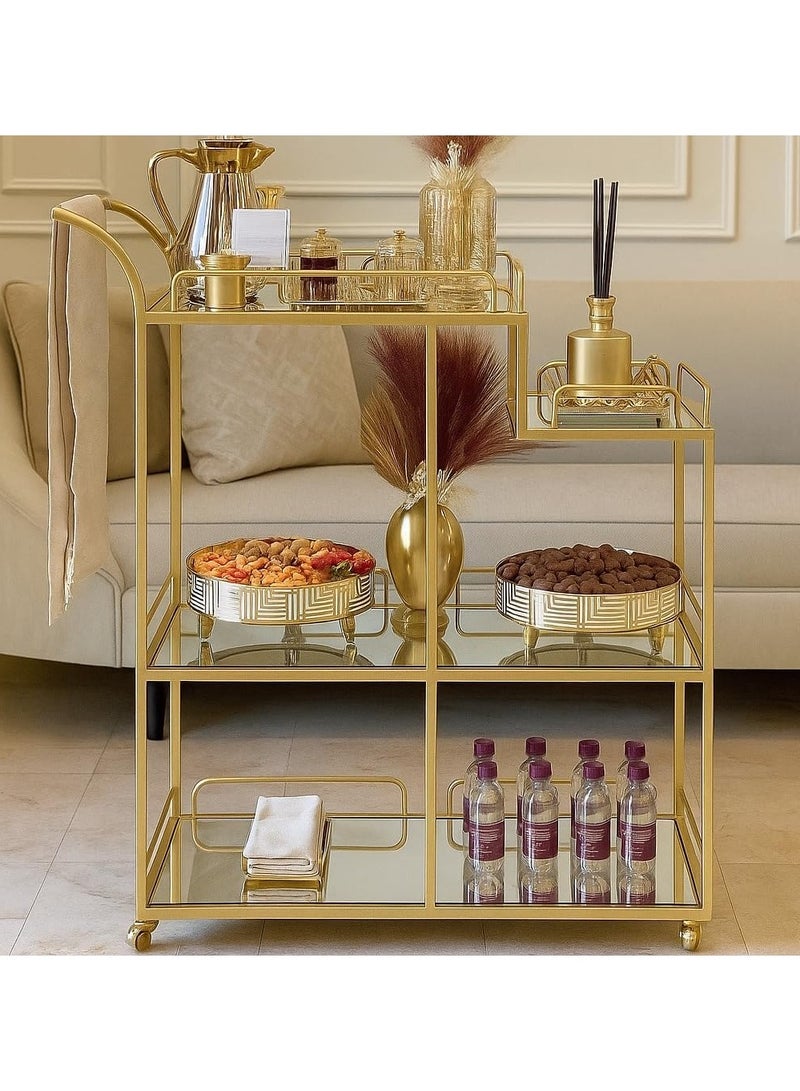 LINGWEI Luxurious Gold Metal Serving Trolley with 3-Tier Clear Glass Shelves for Kitchen, Dining Room Gold 60x40x75cm - Image 2