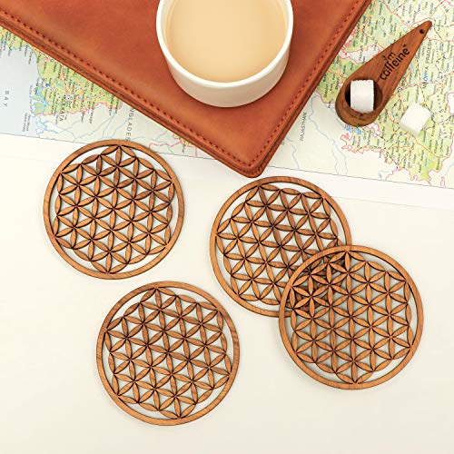 DULI™ Laser Cut MDF Wooden Coasters for Tea Coffee (Set of 4) (Floral Design) - Image 1