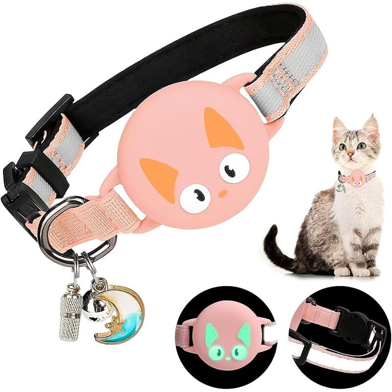 Woyinger Reflective Breakaway Cat Collars with Bells, Hidden GPS Tracker for Airtag Safety Buckle Kitten Collar, with Name Tag, Waterproof for AirTag Luminous Holder, Accessories, Stuff(Pink) - Image 1