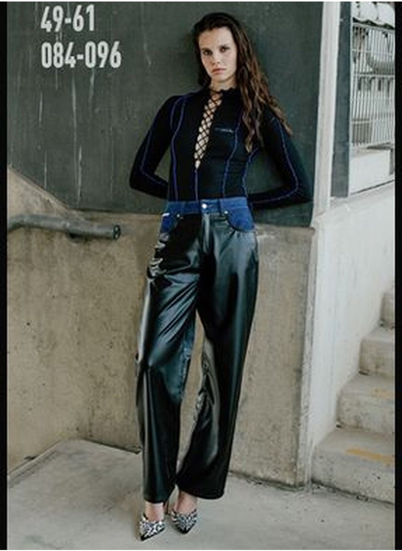 trendyol X Sagaza Studio Black Denim Detailed Faux Leather Jeans TCLAW24JE00000  - Image 1