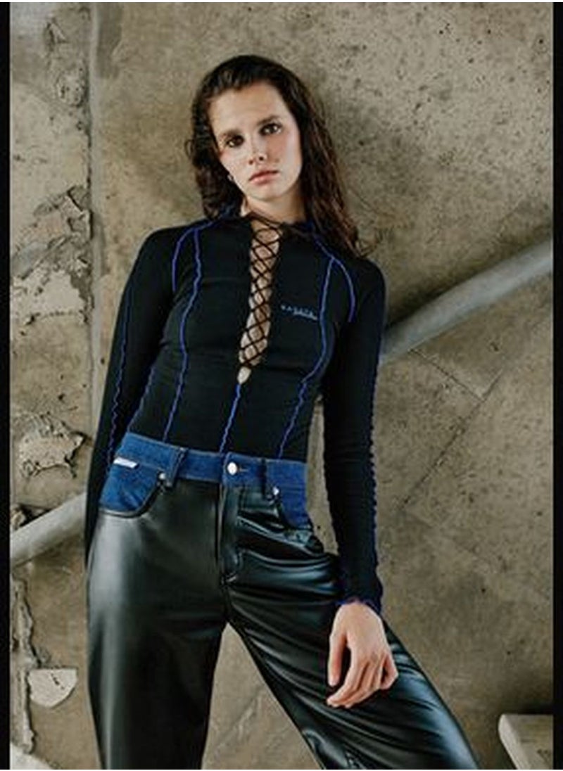 trendyol X Sagaza Studio Black Denim Detailed Faux Leather Jeans TCLAW24JE00000  - Image 2
