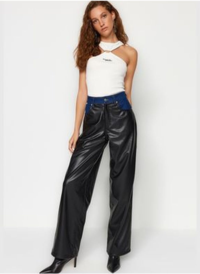 trendyol X Sagaza Studio Black Denim Detailed Faux Leather Jeans TCLAW24JE00000  - Image 4