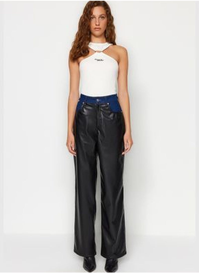 trendyol X Sagaza Studio Black Denim Detailed Faux Leather Jeans TCLAW24JE00000  - Image 5