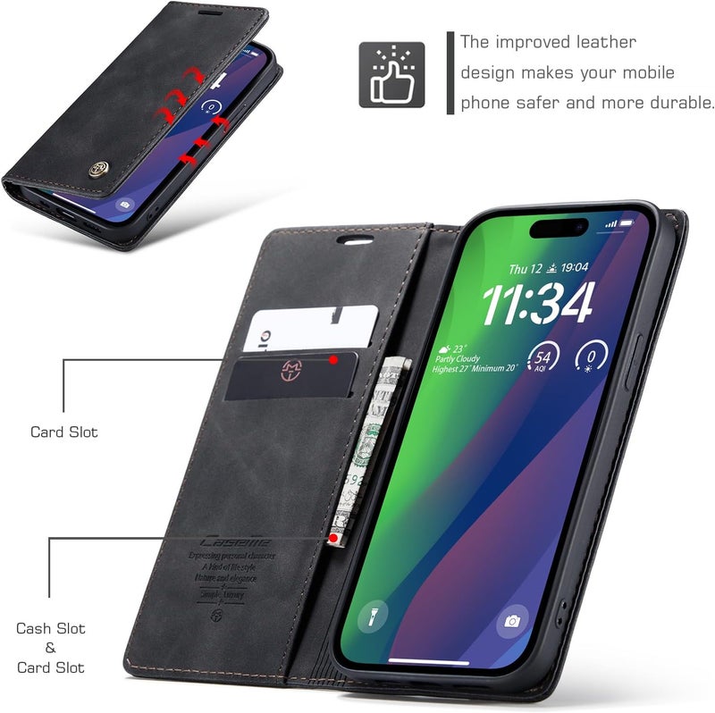 Cracedily Case for iPhone 15 Plus Case, Premium Leather Flip Wallet Case with Card Slots and Horizontal Stand Function Magnet Coque Cover Protective Case for iPhone 15 Plus, Black - Image 2