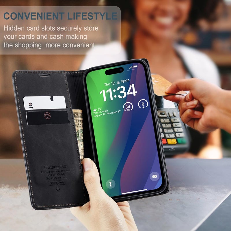 Cracedily Case for iPhone 15 Plus Case, Premium Leather Flip Wallet Case with Card Slots and Horizontal Stand Function Magnet Coque Cover Protective Case for iPhone 15 Plus, Black - Image 4