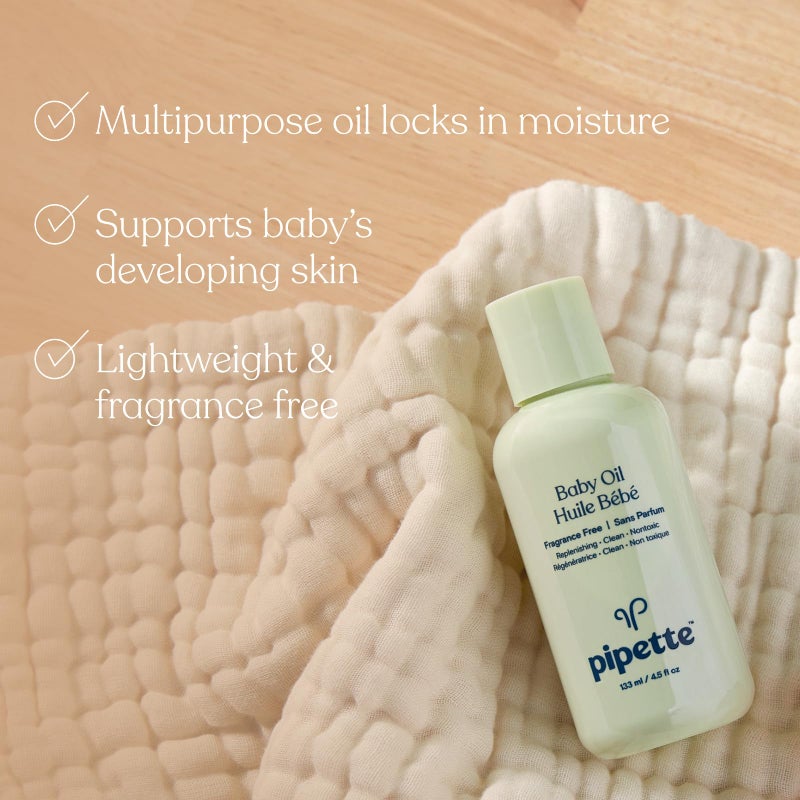 Pipette Baby Oil - Nurture, Moisturize Baby Skin, Vitamin E, Sensitive, Dry Skin, Fragrance Free with Renewable Plant-Derived Squalane, 4.5 fl oz - Image 4
