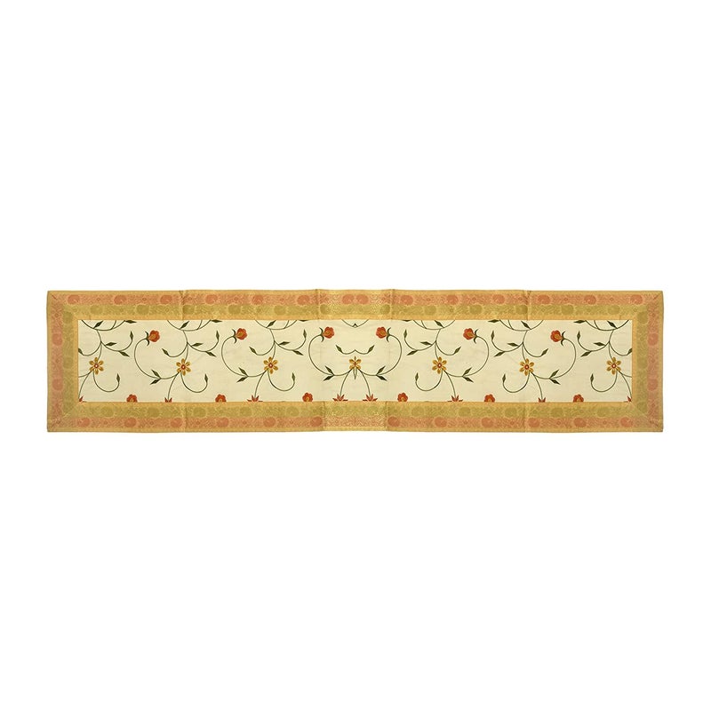 E - Ezra EEZRA Banarasi Silk Handmade Flower Embroidery Table Runner Size 14 X 72 inches Cream - Image 3
