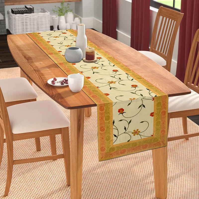 E - Ezra EEZRA Banarasi Silk Handmade Flower Embroidery Table Runner Size 14 X 72 inches Cream - Image 1