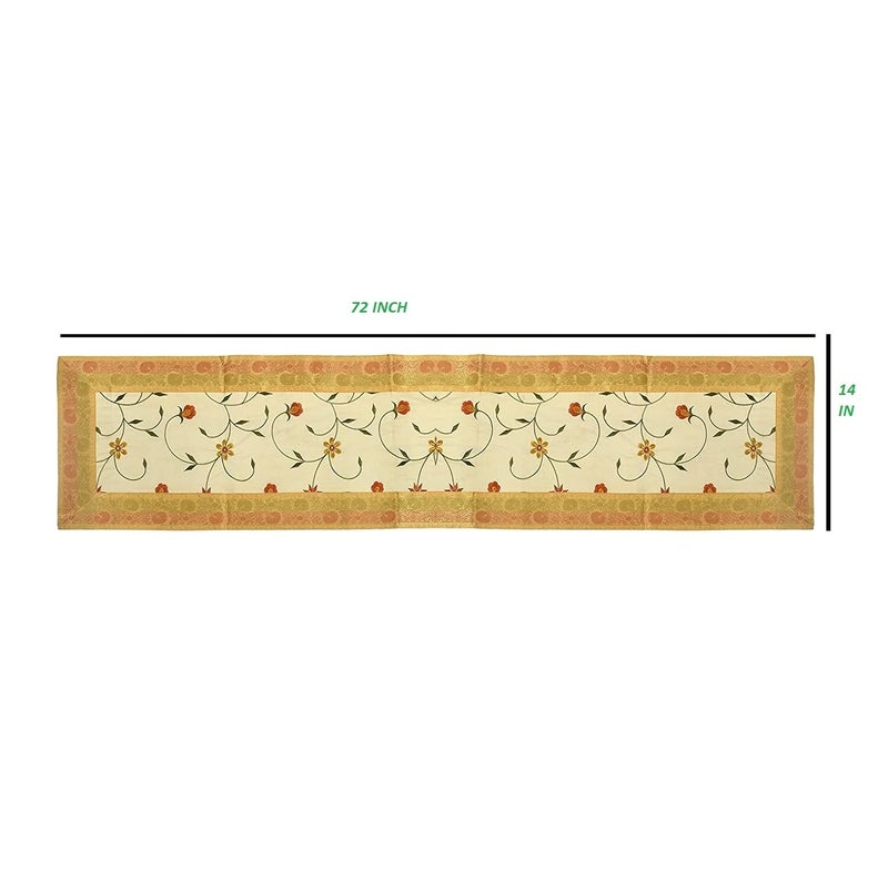 E - Ezra EEZRA Banarasi Silk Handmade Flower Embroidery Table Runner Size 14 X 72 inches Cream - Image 5
