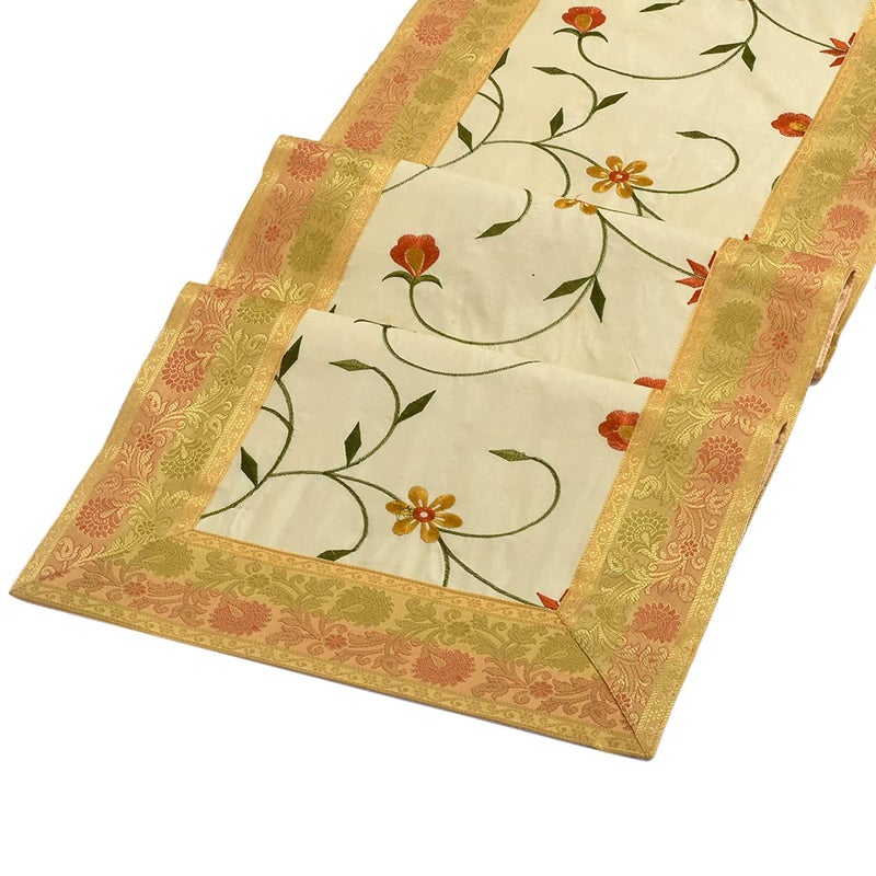 E - Ezra EEZRA Banarasi Silk Handmade Flower Embroidery Table Runner Size 14 X 72 inches Cream - Image 4