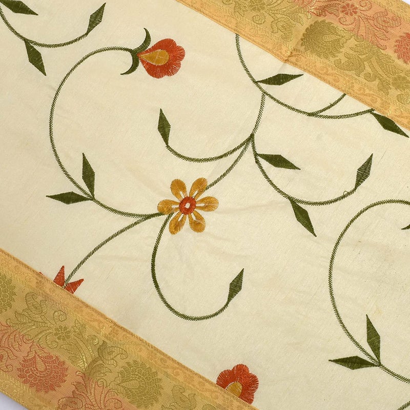 E - Ezra EEZRA Banarasi Silk Handmade Flower Embroidery Table Runner Size 14 X 72 inches Cream - Image 2
