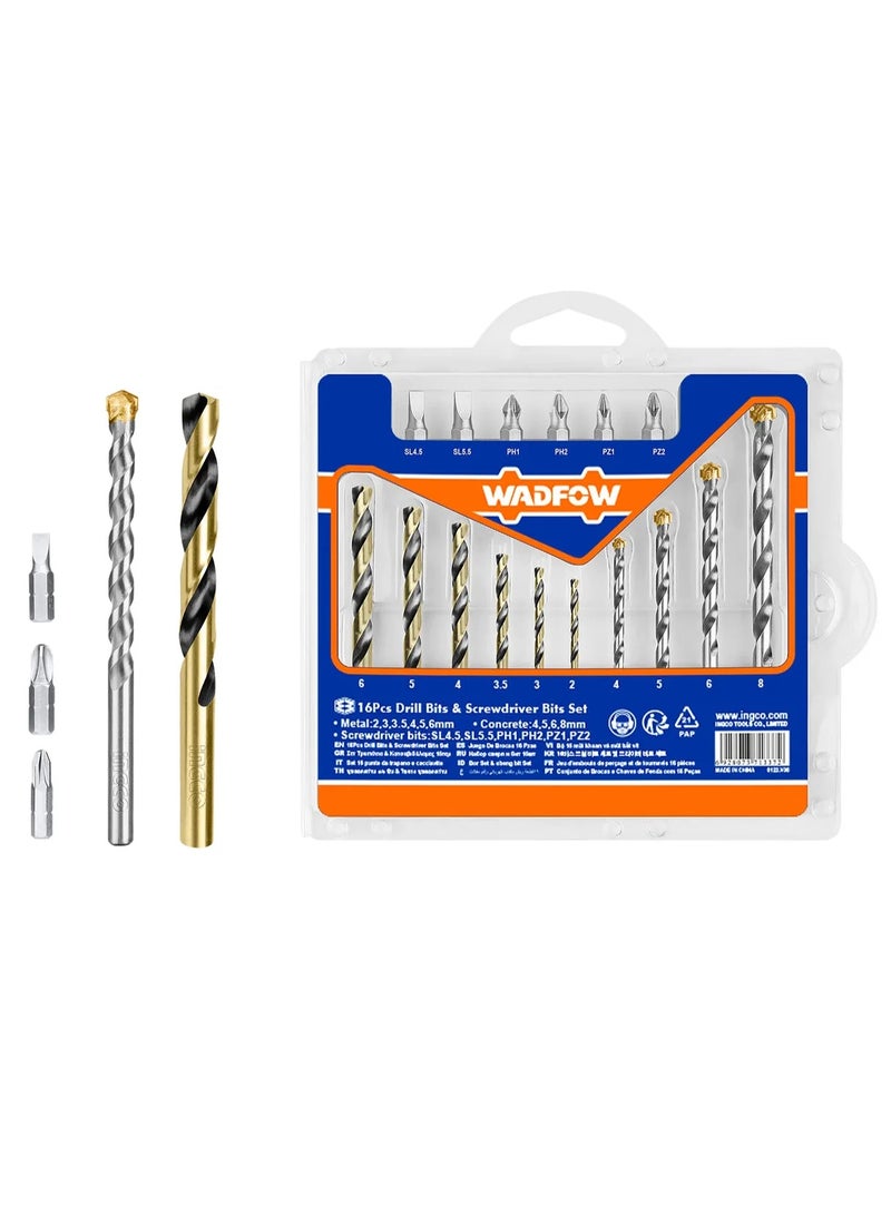 WADFOW 16-Piece Drill and Screwdriver Bit Set – WKS4165 HSS Twist & Masonry Drill Bits Kit with 25mm Screwdriver Bits for Metal, Wood, Concrete, DIY & Professional Use - Image 1