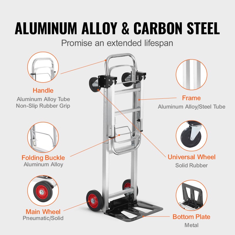 VEVOR Aluminum Folding Hand Truck, 2 in 1 Design 400 lbs Capacity, Heavy Duty Industrial Collapsible cart, Dolly Cart with Rubber Wheels for Transport and Moving in Warehouse, Supermarket, Garden - Image 5