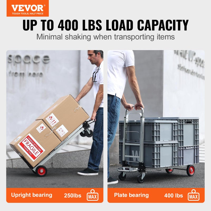 VEVOR Aluminum Folding Hand Truck, 2 in 1 Design 400 lbs Capacity, Heavy Duty Industrial Collapsible cart, Dolly Cart with Rubber Wheels for Transport and Moving in Warehouse, Supermarket, Garden - Image 2