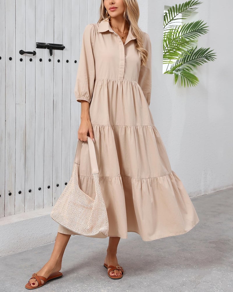 YEXPINE Women Flowy Maxi Shirt Dress Casual Button Down V Neck Ruffled Beach Long Dresses with Pockets Khaki - Image 2