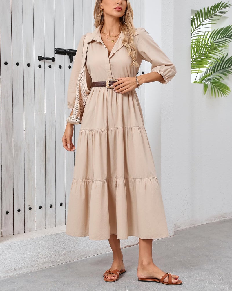 YEXPINE Women Flowy Maxi Shirt Dress Casual Button Down V Neck Ruffled Beach Long Dresses with Pockets Khaki - Image 5