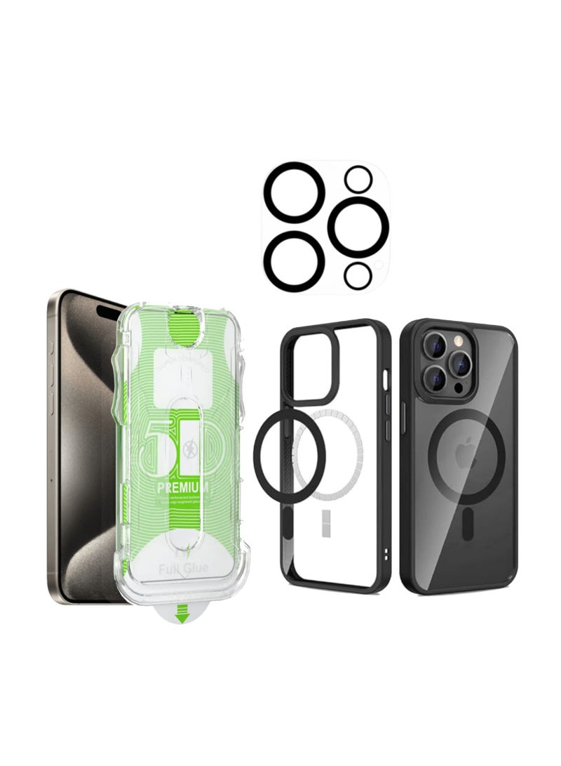 DIGI CORE 3 Pack Full Coverage iPhone 15 Pro Max Magsafe Case With Camera Lens For iPhone 15 Pro Max Screen Protector 6.7 Inch Easy Installation Kit Auto Alignment 9H Hard 99.99% HD Clear Bubble Free - Image 1