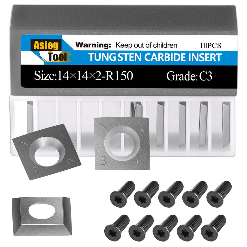 Asieg Tool 14x14x2mm-30Â° R150 Carbide Inserts Cutters Knives Replacement Blades 6 Inches Radius with Screws for Grizzly T21348 and Woodworking Spiral Helical Planer Head 10pcs