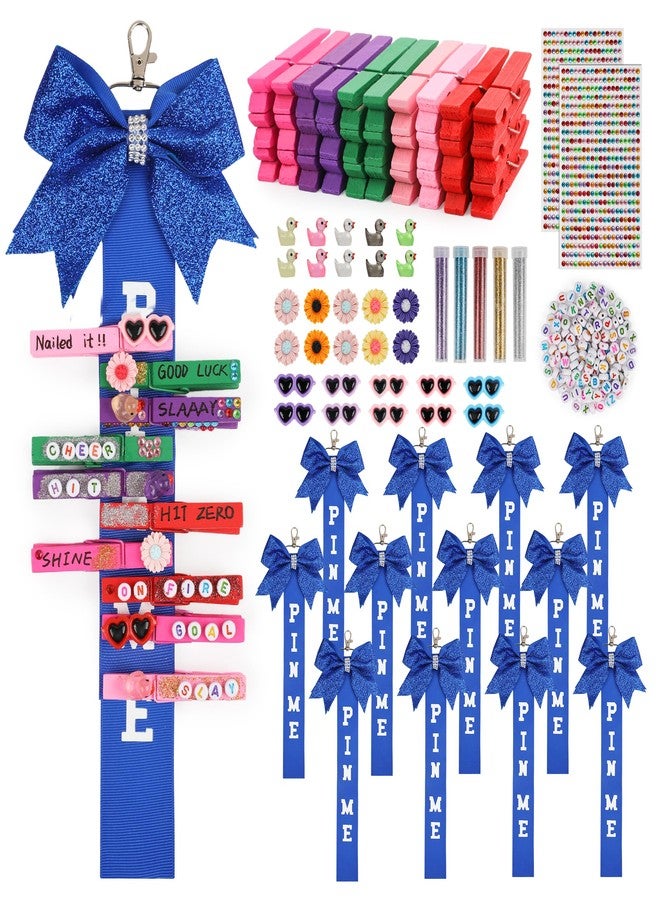 Starry 12 PCS Cheer pin me Ribbon Cheer Bow Keychain for Backpack Bag Blue Glitter Cheerleader Stuff with 30 Set Cheer Pins Spririt Clips Wooden Pins Gifts for Girls Bow Pin Holder - Image 1
