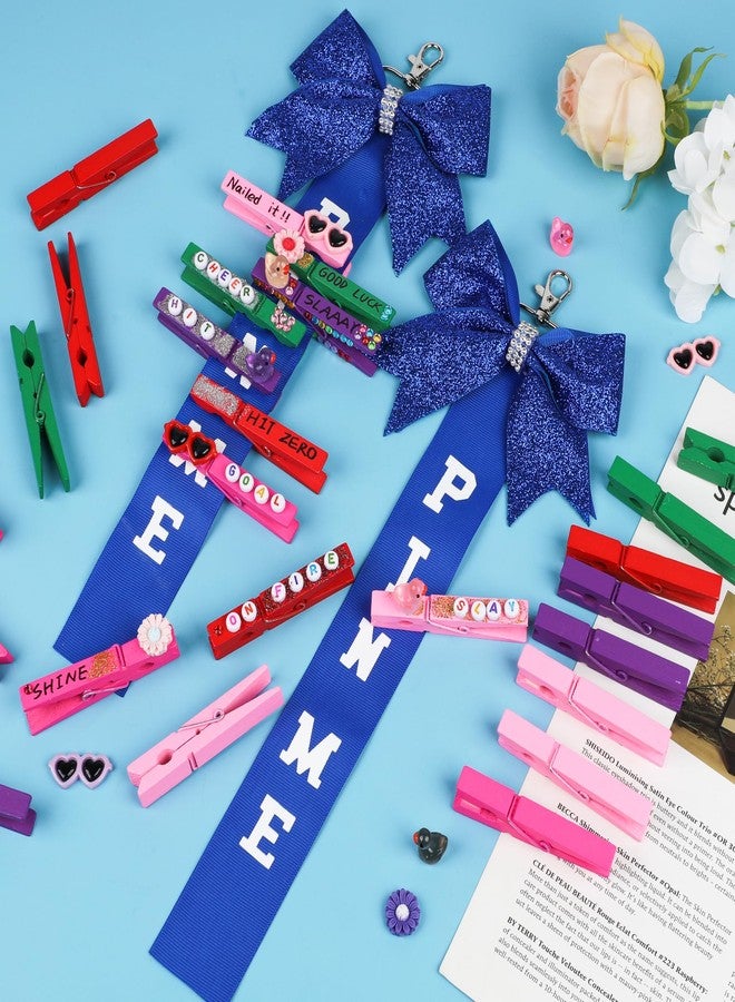Starry 12 PCS Cheer pin me Ribbon Cheer Bow Keychain for Backpack Bag Blue Glitter Cheerleader Stuff with 30 Set Cheer Pins Spririt Clips Wooden Pins Gifts for Girls Bow Pin Holder - Image 5