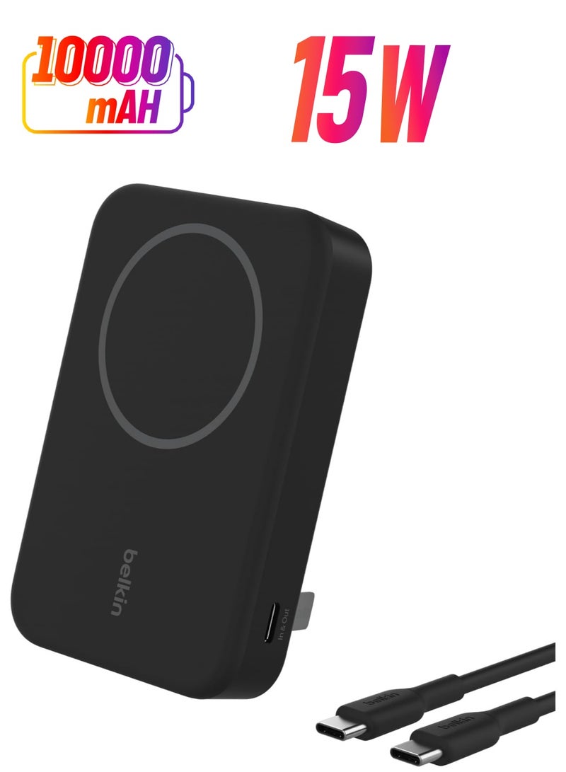 belkin 10000 mAh BoostCharge Pro Wireless Power Bank 10000mAh with Qi2, MagSafe Compatible Portable Charger + Built-in Pop-up Kickstand - For iPhone 16, 16 Plus, 16 Pro, 16 Pro Max, iPhone 15, and More - Black - Image 1