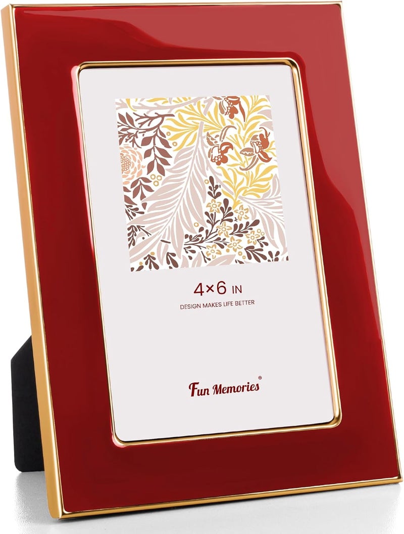 Fun Memories 4x6 Picture Frame - 1pcs Red Enamel Glass Photo Frame with Gold Metal Edge & Easel for Display Picture Frame on Countertops, Tabletops, Bookshelves, Desks, Walls (Red/Gold) - Image 1