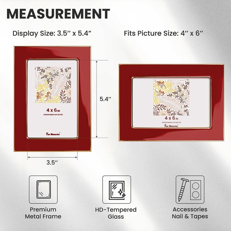 Fun Memories 4x6 Picture Frame - 1pcs Red Enamel Glass Photo Frame with Gold Metal Edge & Easel for Display Picture Frame on Countertops, Tabletops, Bookshelves, Desks, Walls (Red/Gold) - Image 4