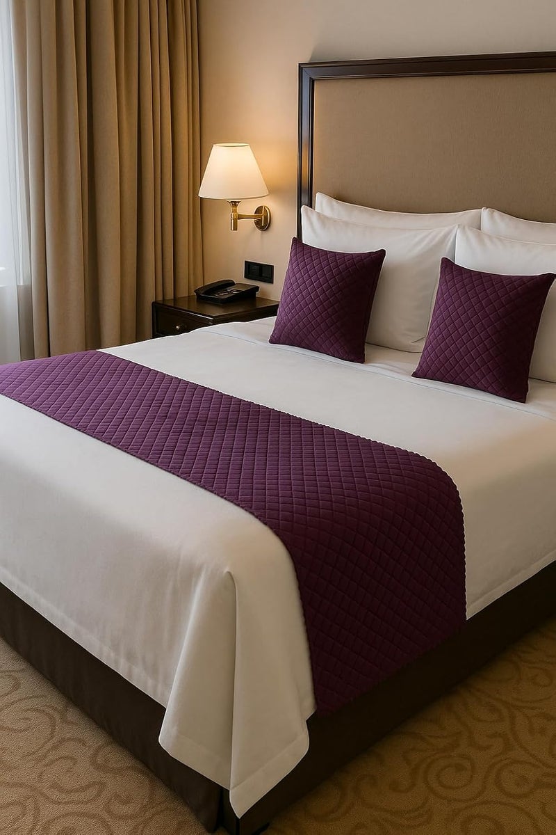 3 Piece Velvet Bed Runner Set – Luxury Quilted Hotel Style Bedding Décor for King Size Bed | Wine | 16x96 Inch Bed Runner with 2 Cushion Covers 16x16 Inch