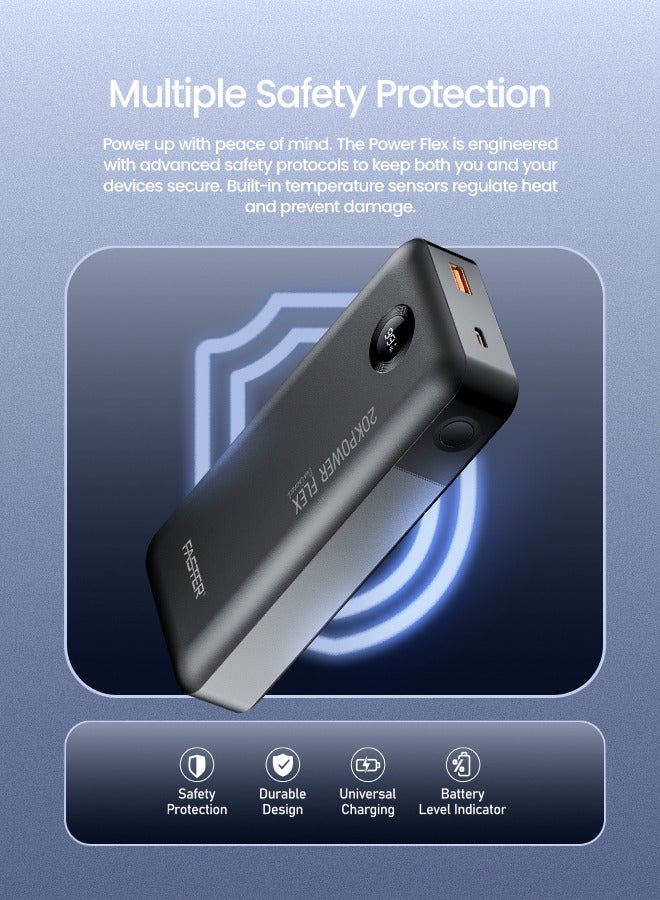Faster PowerFlex PD20K Powerbank- 22.5W 20000mAh Power Bank 20W USB-A & 18W USB-C Input/Outputs LED Digital Display- Fast Charging Dual Built-in Type-C Portable Charger Compatible for iOS Android Phones Tablets Gaming Devices Smart Watches - Image 4