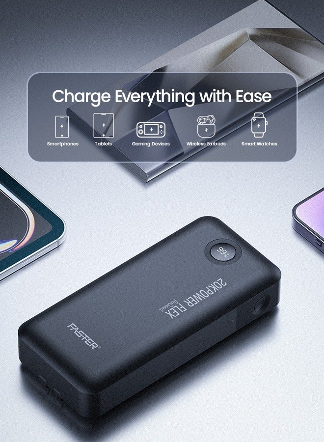 Faster PowerFlex PD20K Powerbank- 22.5W 20000mAh Power Bank 20W USB-A & 18W USB-C Input/Outputs LED Digital Display- Fast Charging Dual Built-in Type-C Portable Charger Compatible for iOS Android Phones Tablets Gaming Devices Smart Watches - Image 3
