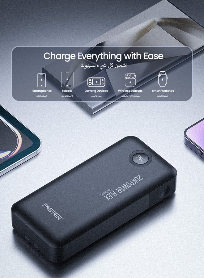 Faster PowerFlex PD20K Powerbank- 22.5W 20000mAh Power Bank 20W USB-A & 18W USB-C Input/Outputs LED Digital Display- Fast Charging Dual Built-in Type-C Portable Charger Compatible for iOS Android Phones Tablets Gaming Devices Smart Watches - Image 5