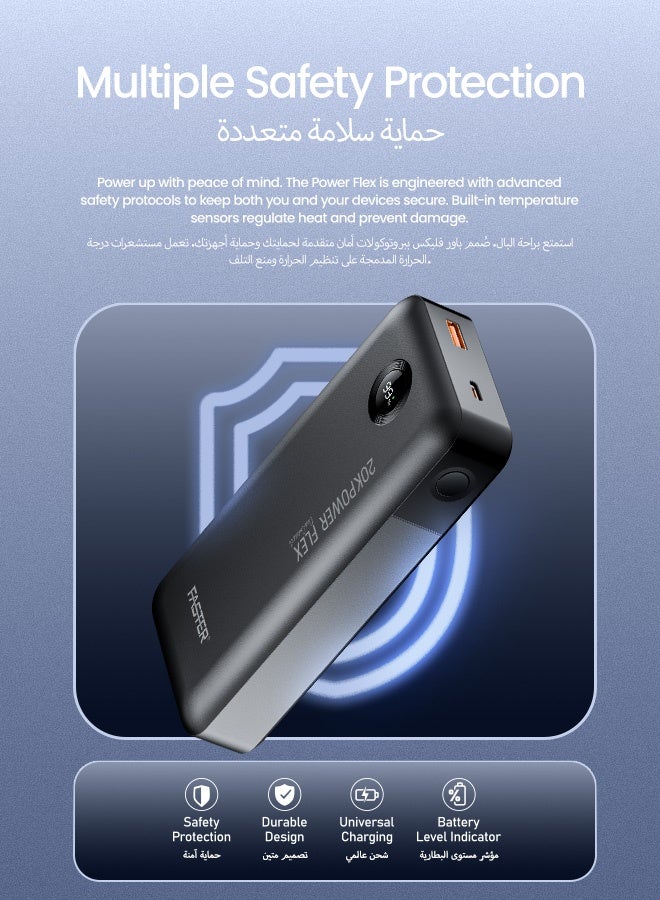 Faster PowerFlex PD20K Powerbank- 22.5W 20000mAh Power Bank 20W USB-A & 18W USB-C Input/Outputs LED Digital Display- Fast Charging Dual Built-in Type-C Portable Charger Compatible for iOS Android Phones Tablets Gaming Devices Smart Watches - Image 4