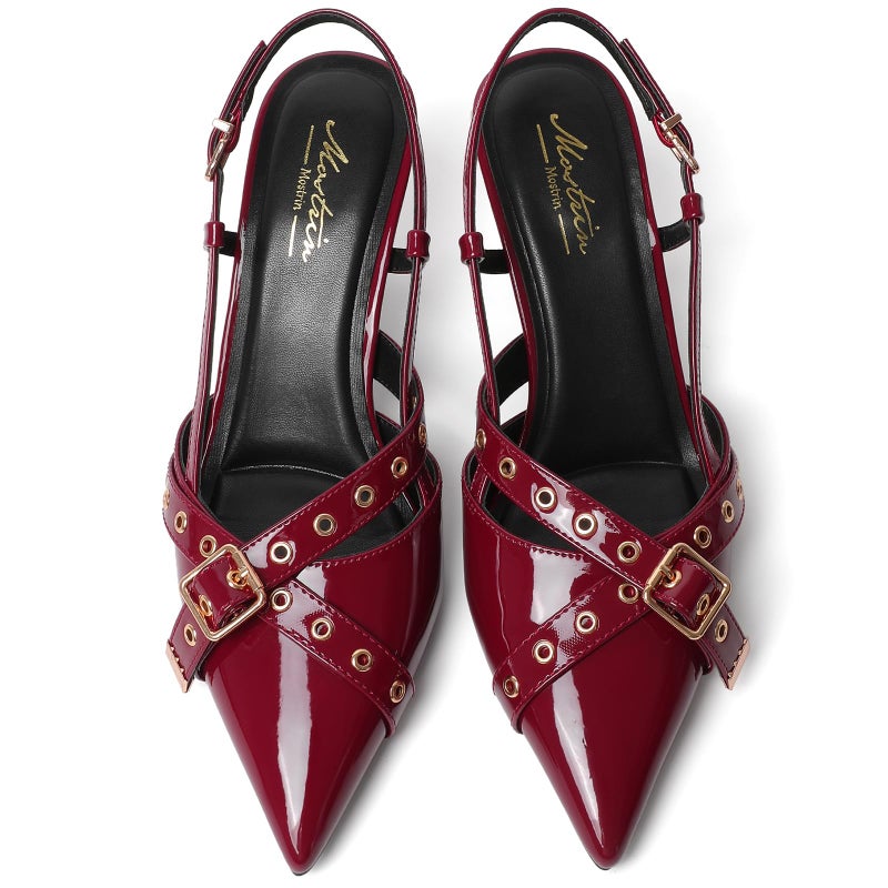 Mostrin Burgundy Slingback Kitten Heels for Women Dark Red Studded Heeled Pumps Pointed Closed Toe Heels Vintage Stiletto Pumps Shoes - Image 4
